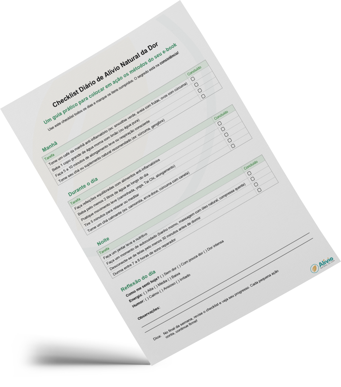 Mockup do Checklist Diário de Alívio Natural da Dor