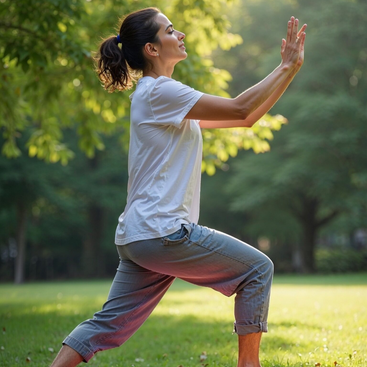 Mulher praticando Tai Chi ao ar livre