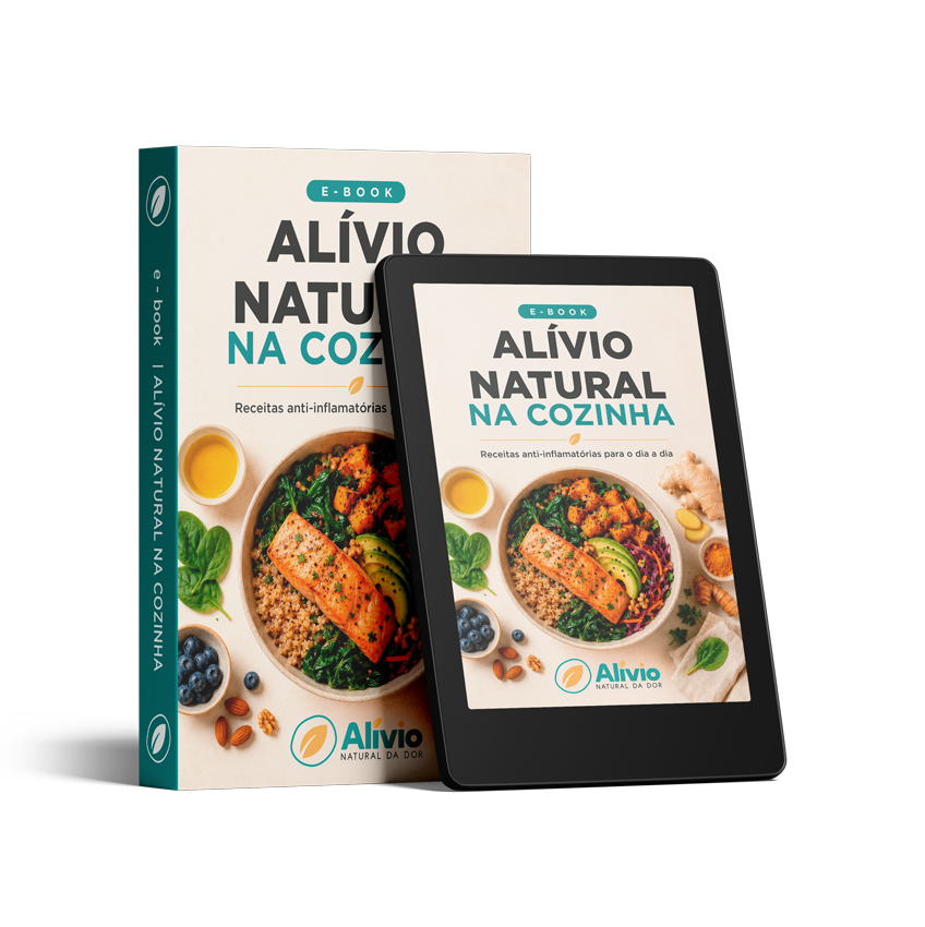Mockup do e-book Alívio Natural da Dor na Cozinha em livro e tablet