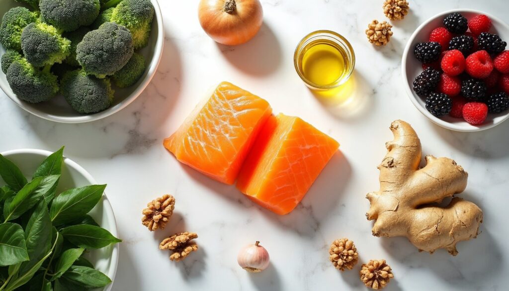 Flat lay com 10 alimentos anti-inflamatórios: peixe gordo, cúrcuma, gengibre, nozes, azeite de oliva, brócolis, espinafre, frutas vermelhas, alho, cebola e abacate