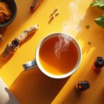 Guia completo para o alívio natural da dor, mostrando alimentos anti-inflamatórios como salmão e abacate, chá de ervas e um tapete de yoga.