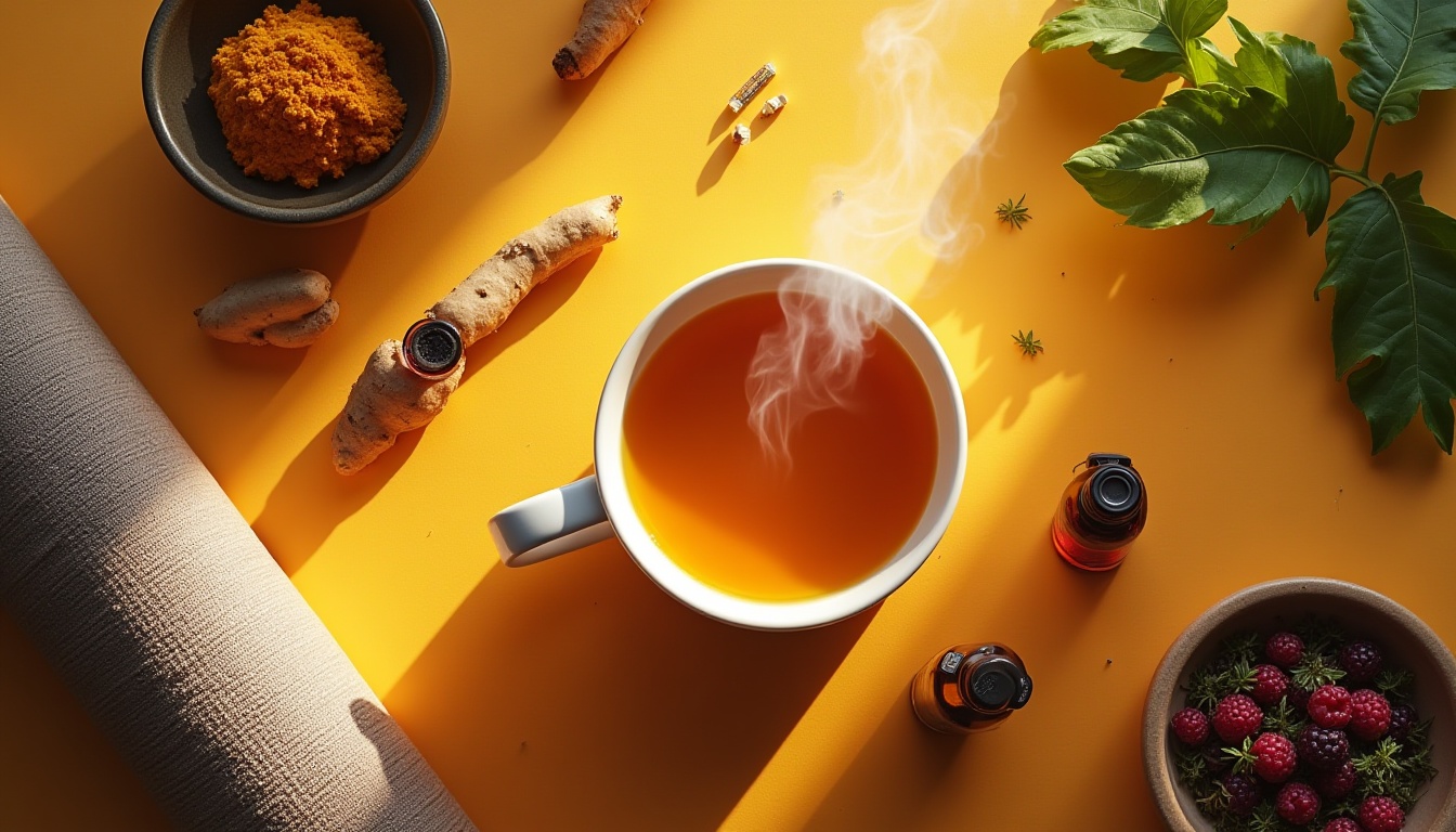 Guia completo para o alívio natural da dor, mostrando alimentos anti-inflamatórios como salmão e abacate, chá de ervas e um tapete de yoga.