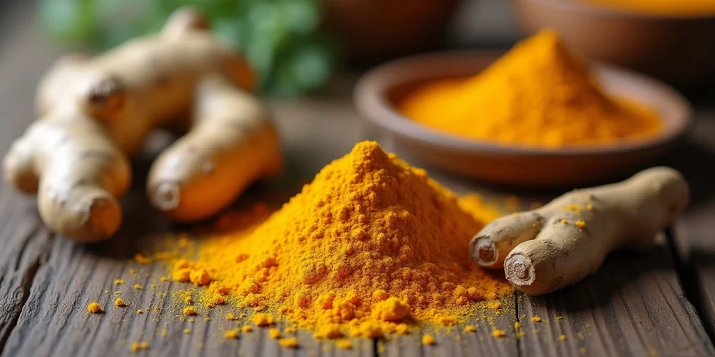 Raízes de cúrcuma e gengibre sobre uma mesa, destacando seus benefícios como anti-inflamatórios naturais para dor crônica.
