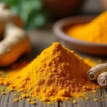 Raízes de cúrcuma e gengibre sobre uma mesa, destacando seus benefícios como anti-inflamatórios naturais para dor crônica.