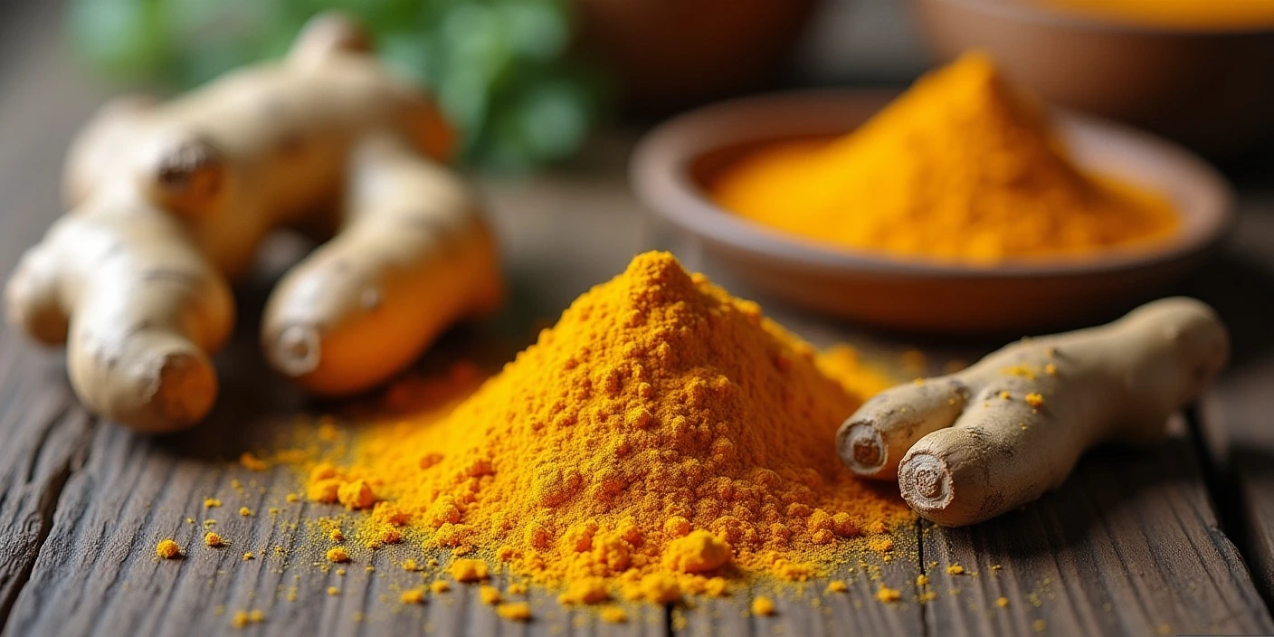 Raízes de cúrcuma e gengibre sobre uma mesa, destacando seus benefícios como anti-inflamatórios naturais para dor crônica.